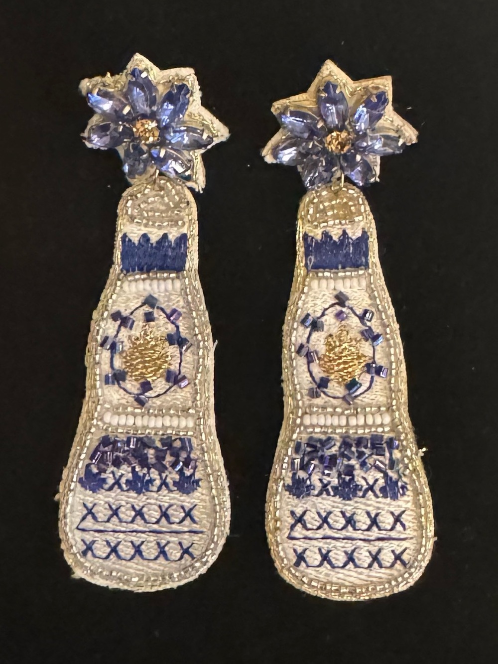 ONE OF A KIND Handcrafted Blue, White & Gold Tequila Bottle Drop Earrings!